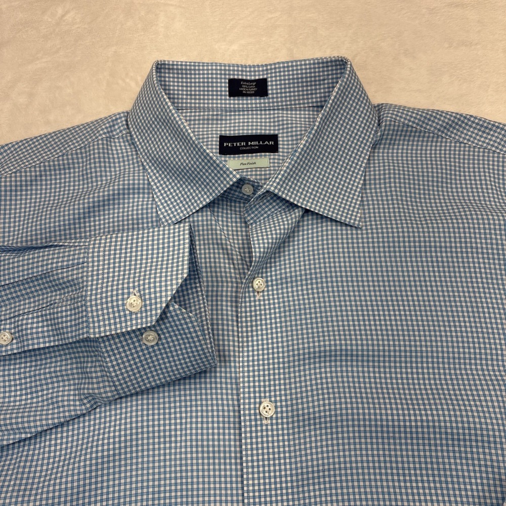 Peter Millar Collection Flex Finish Mens Dress Shirt XL Blue Gingham Cotton
